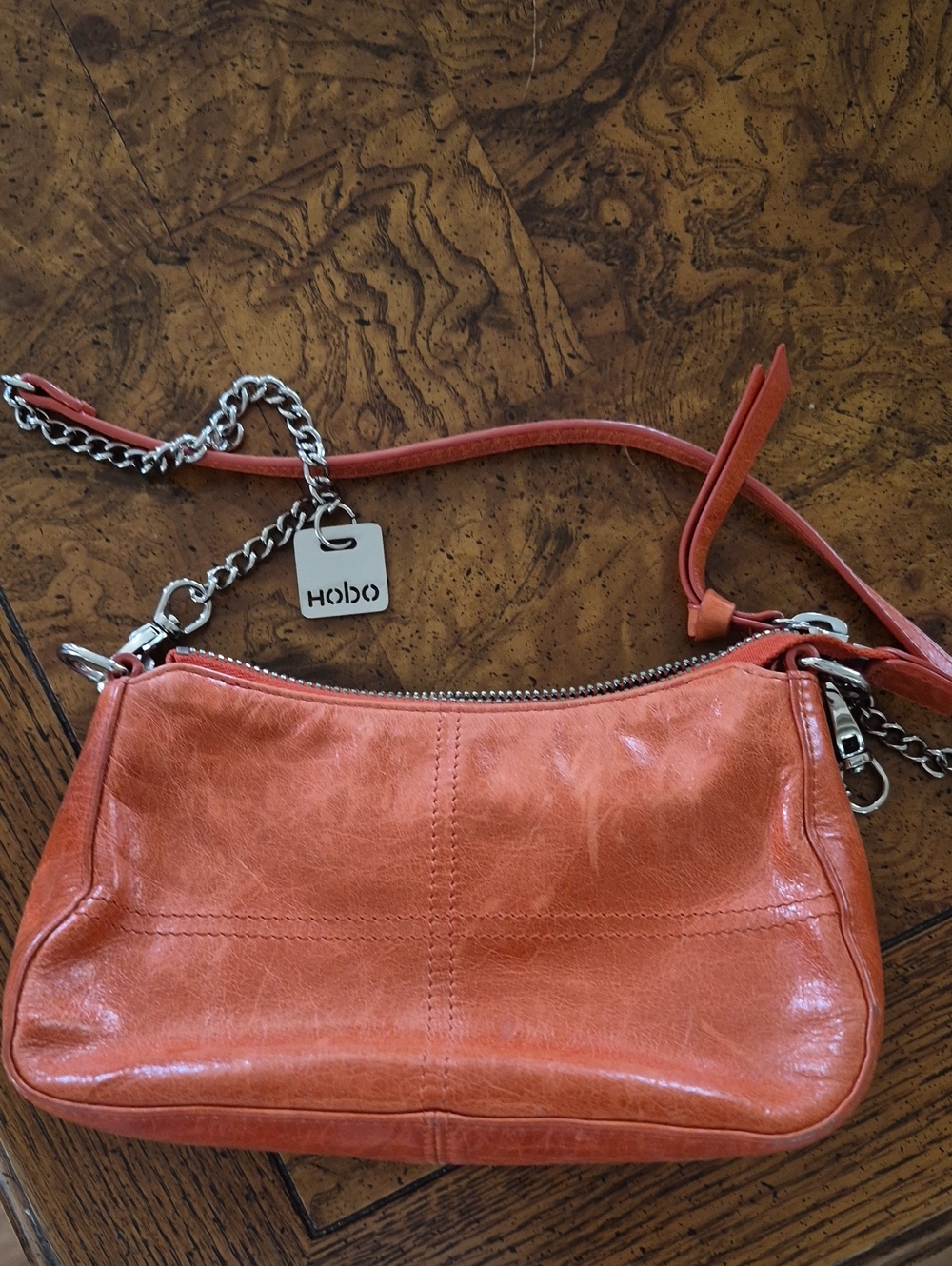 HOBO Coral-Orange Leather Chain Strap Crossbody
